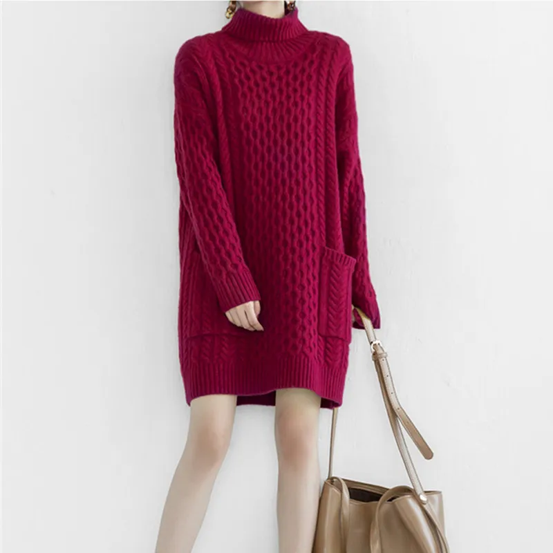 

100% lambswool twisted knit women fashion high collar mid long pullover sweater dress wide loose solid color M/L