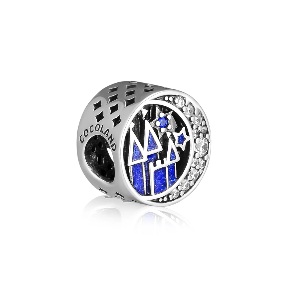 CKK 925 Sterling Silver Vintage Night Sky Castle &amp Moon Charm Fits Pandora Bracelet Necklace Women joyeria Midnight Blue Enamel |