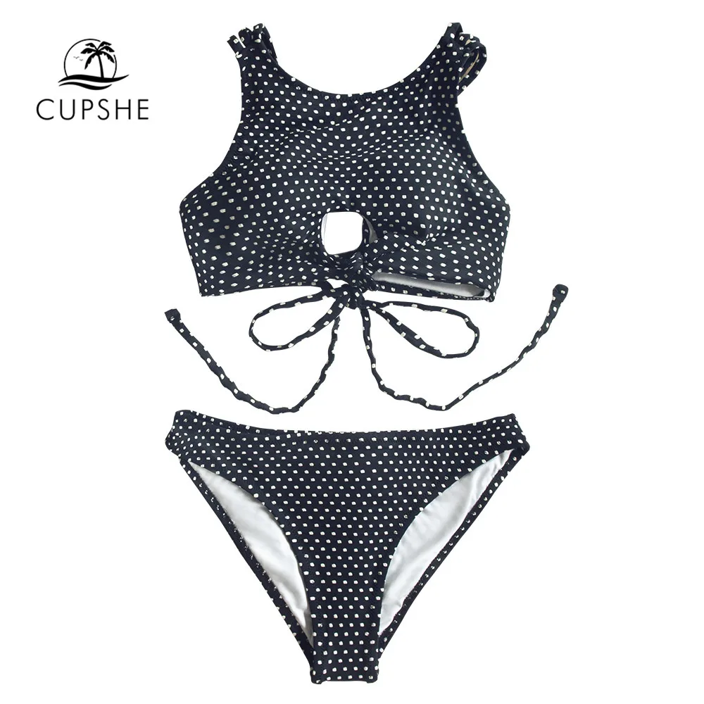 CUPSHE черный горошек с ремешками пикантный комплект бикини вырез бант купальник из