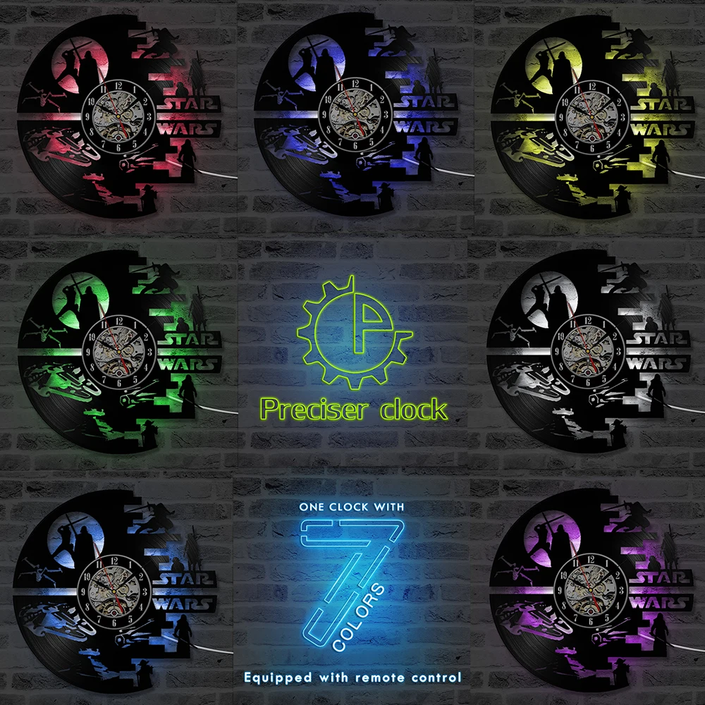A with 7 colors Креативные часы с записью на компакт-диск звездные войны, креативные настенные часы с виниловой записью ручной работы, антикварные полые висячие часы, светодиодный, 7 цветов - Цвет: A with 7 colors