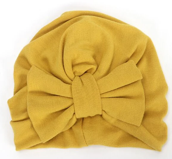 Yellow Милая детская шапка для новорожденных мальчиков и девочек с большим чалма с бантиком и черепом, хлопковые вязанные шапочки, эластичная зимняя теплая шапка для маленьких девочек - Цвет: Yellow