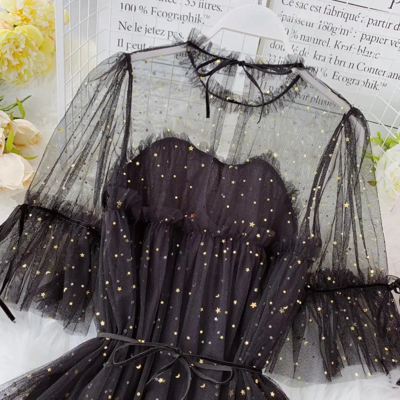 Новинка Весна 2019 женское блестящее Сетчатое платье с О образным вырезом и