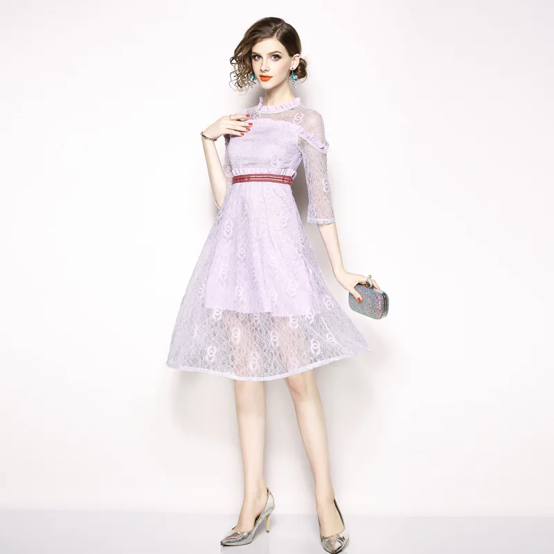 2018 new women's autumn light purple dresses ladies' seven-point sleeves lace slim fashion long dress | Женская одежда