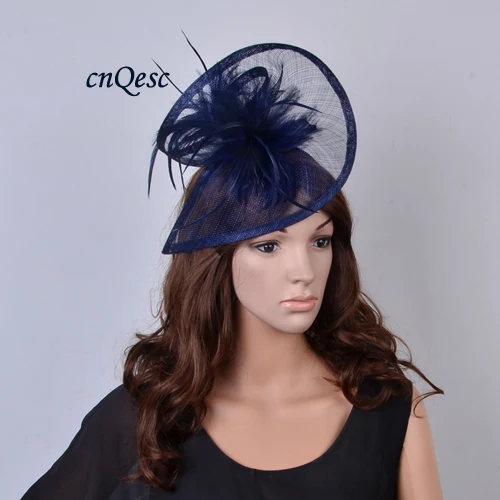 NAVY BLUE Новая Большая бордовая винная церковная шляпа для свадебных гонок Sinamay, чародей, шляпка-шляпка с цветком из перьев для Ascot, Kentucky Derby - Цвет: NAVY BLUE