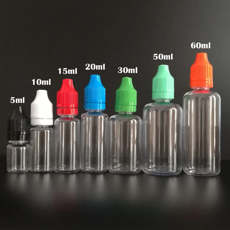 

200pcs 5ml 10ml 30ml Empty Refillable Bottle PET Clear Plastic Dropper Bottles With Tamper Caps for E juice Nail Polish