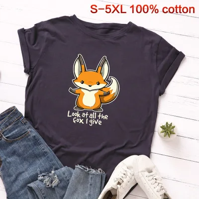 navy blue SINGRAIN размера плюс Лисичка женская футболка S-5XL милые Мультяшные футболки Harajuku базовые Топы с надписями Повседневная летняя футболка с животным принтом - Цвет: navy blue