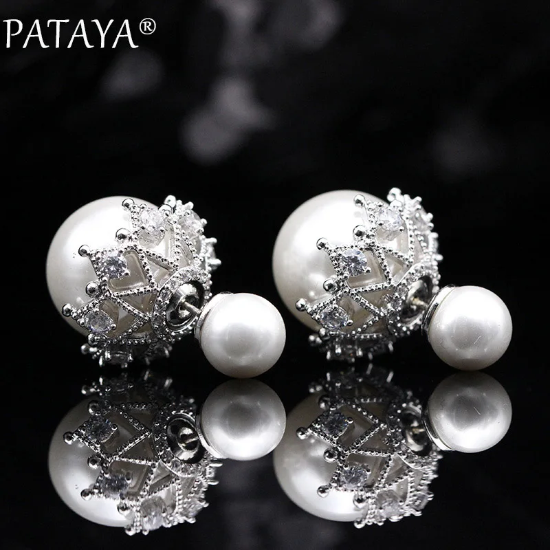 PATAYA, новинка 925, серебро, игла, белое золото, природный Цирконий, раковина, жемчуг, шарики, серьги-гвоздики, женские свадебные, Роскошные, снежинки, ювелирные изделия - Окраска металла: white