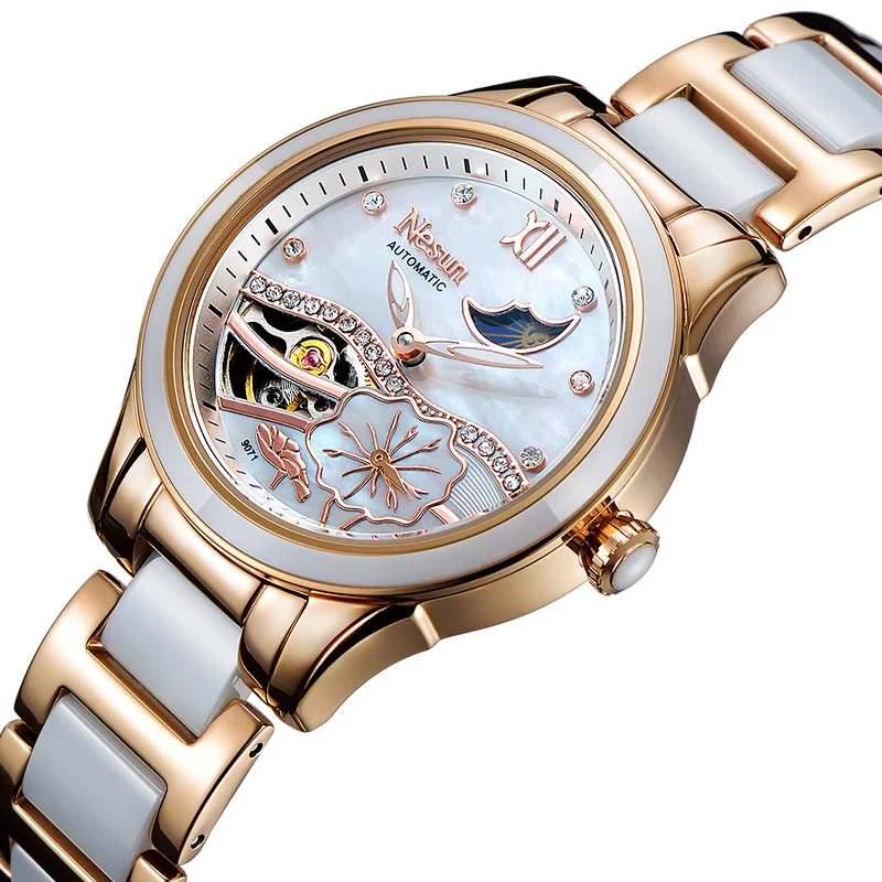 Швейцария Nesun полые Tourbillon Для женщин часы Элитный бренд часы Самовзводные наручные Водонепроницаемый женские часы N9071-1