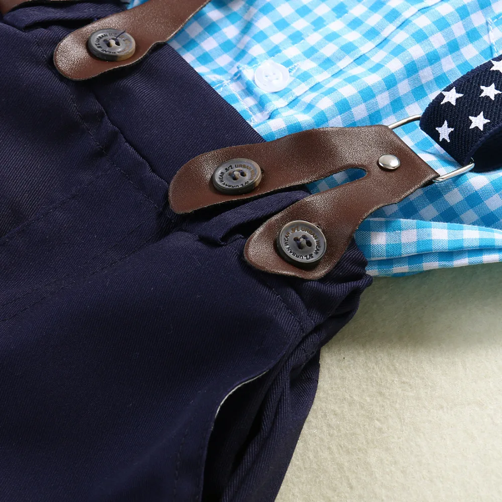 2016 наряды! Осенняя рубашка в клетку для маленьких мальчиков + штаны на подтяжках