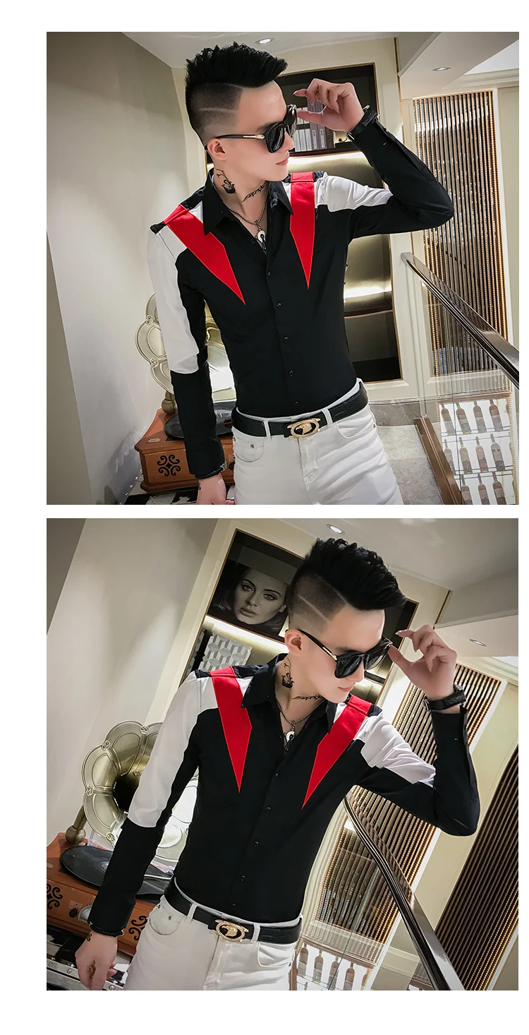 Высокое качество Chemise Homme новая брендовая рубашка-смокинг с длинным рукавом Лоскутная цветная уличная рубашка мужская приталенная Повседневная рубашка рубашки