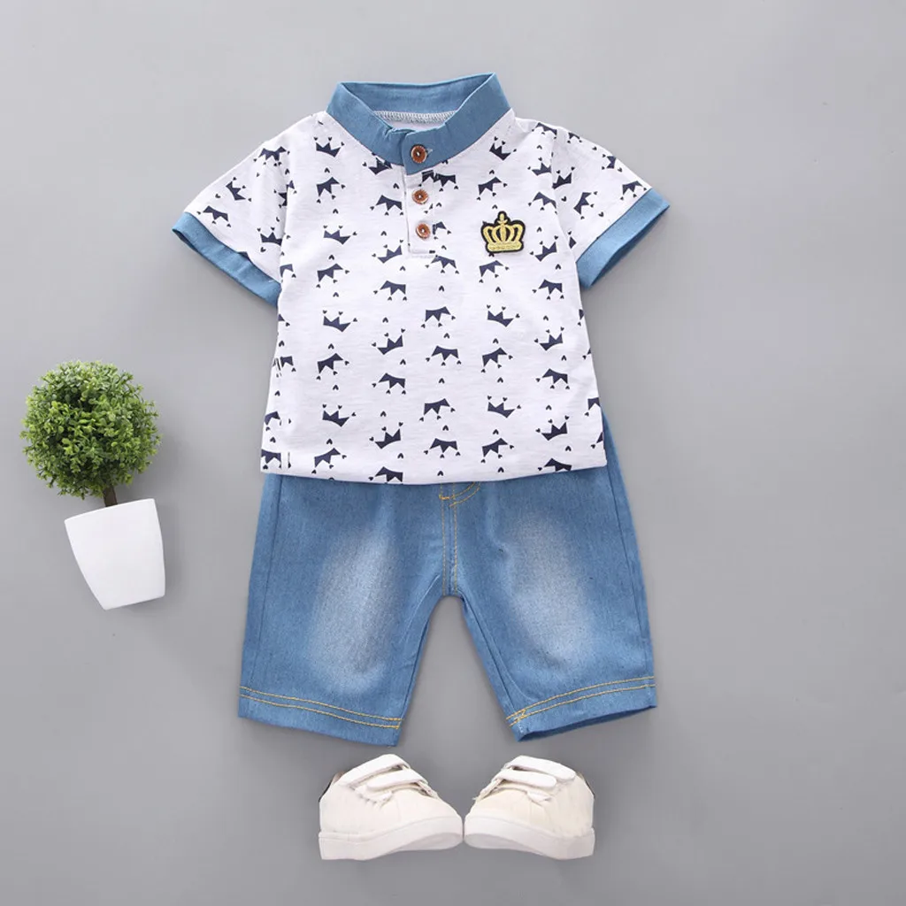 Kids Clothes Boys Summer Crown T Shirt Tops+ Denim Shorts Pants 2pcs Set erkek bebek giyim vetement enfant fille | Детская одежда и
