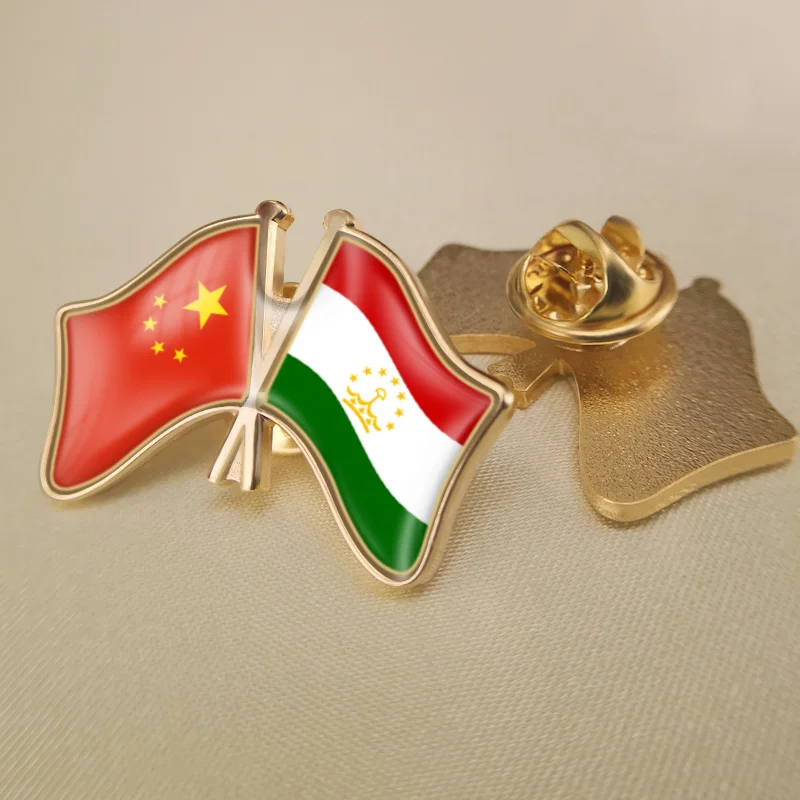 

China and Tajikistan Crossed Double Friendship Flags Lapel Pins Brooch Badges