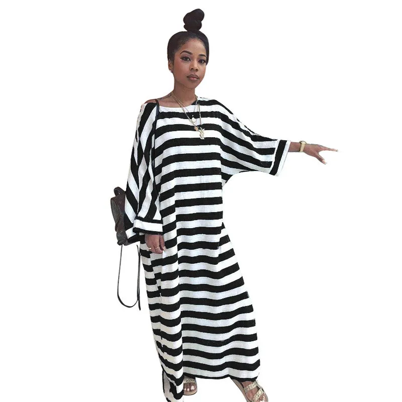 Adogirl Stripe Print Oversize Dress O Neck Batwing Long Sleeve Loose Casual Maxi Women Autumn Outfits Streetwear Vestidos | Женская