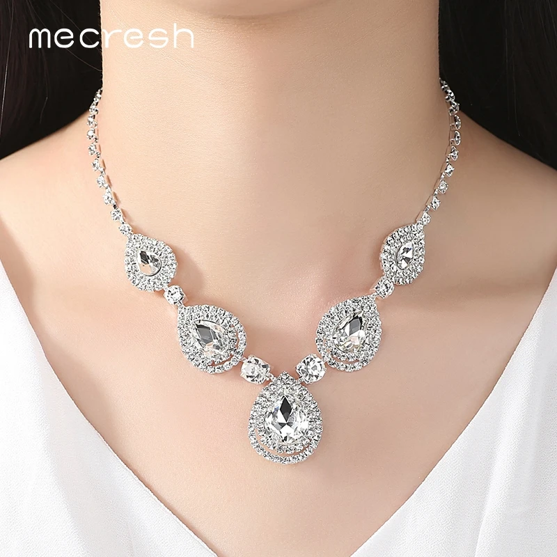 Mecresh серебряный цвет каплевидные Свадебные Ювелирные наборы кристалл свадебное