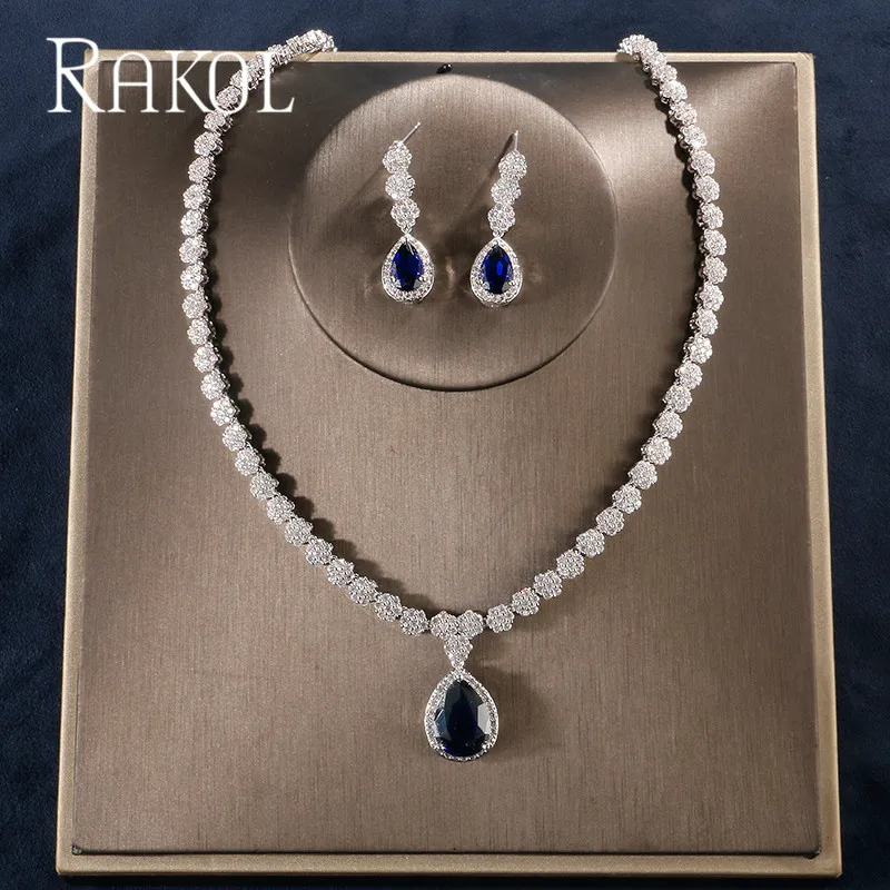 RAKOL одежда высшего качества роскошные Кубический Цирконий Капли Воды Ювелирные наборы для элегантных невест женщин Свадебная вечеринка ужин платье RS72566 - Окраска металла: blue