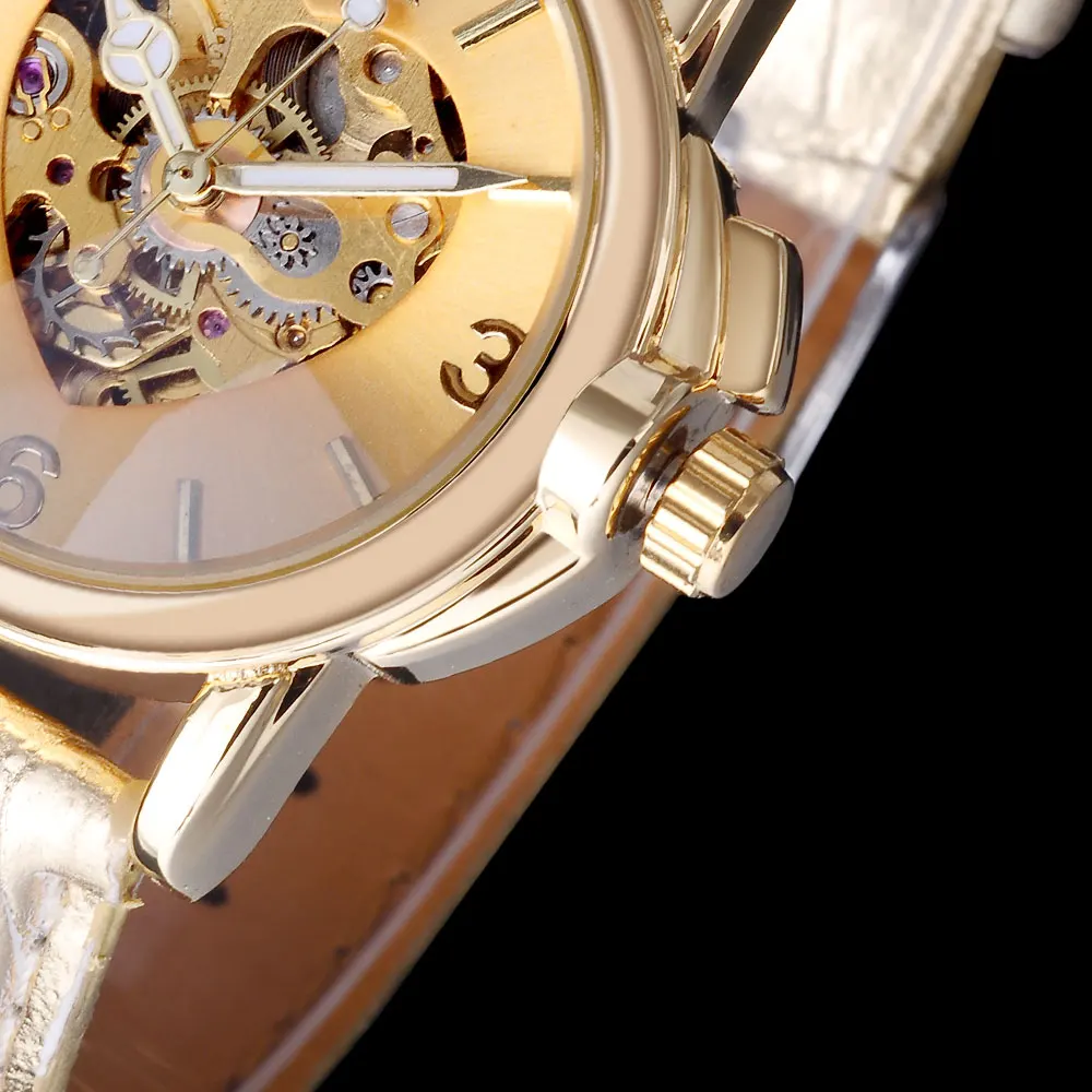 2016 WINNER popular brand women watches luxury automatic self wind watch skeleton dials transparent glass gold case leather band | Наручные