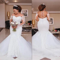 luxury african mermaid wedding dress 2021 sheer backless long sleeve illusion arabic bridal gowns