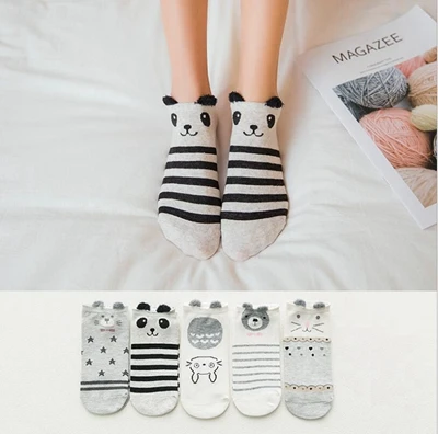 11 5pairs Women Cute Socks Harajuku Cartoon Cat Pattern Casual Cotton Happy Funny Female Ankle Socks Thin Summer Low Cut Style - Цвет: 11