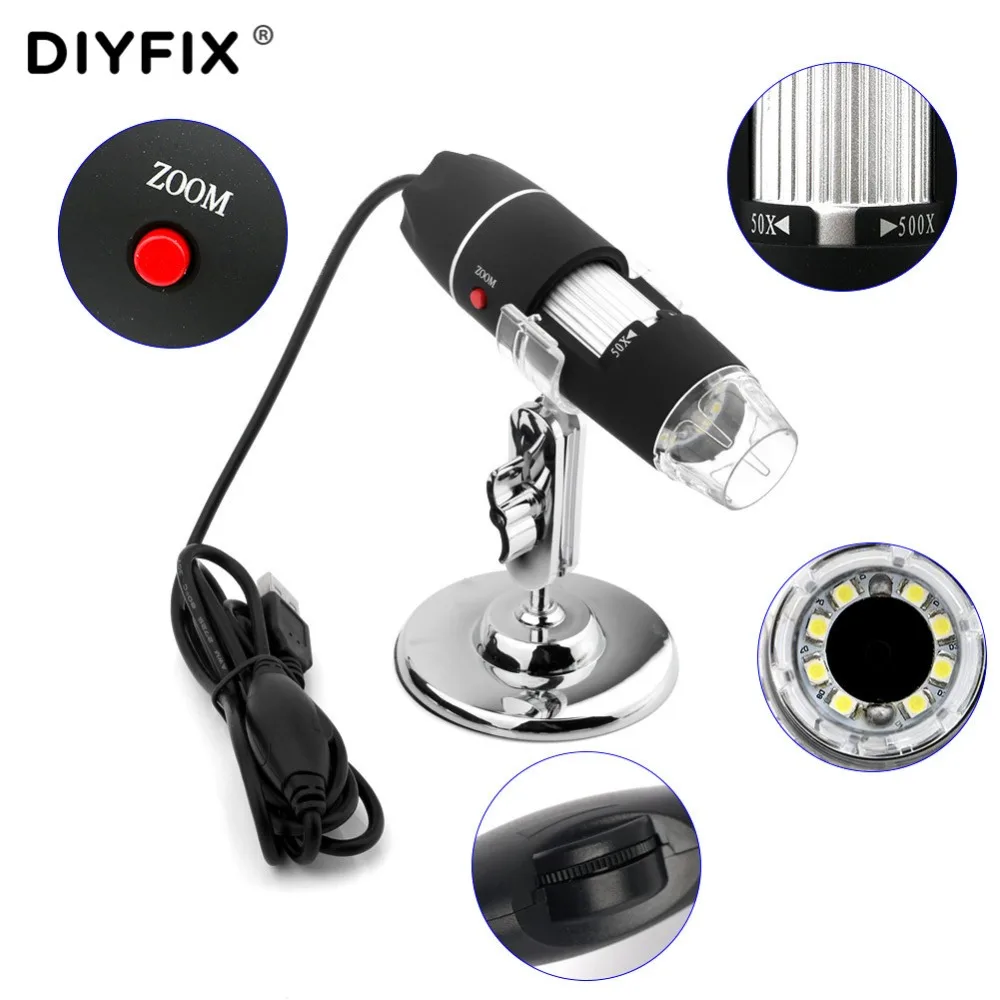 Цифровой USB-микроскоп DIYFIX 500X портативный эндоскоп с 8 светодиодами