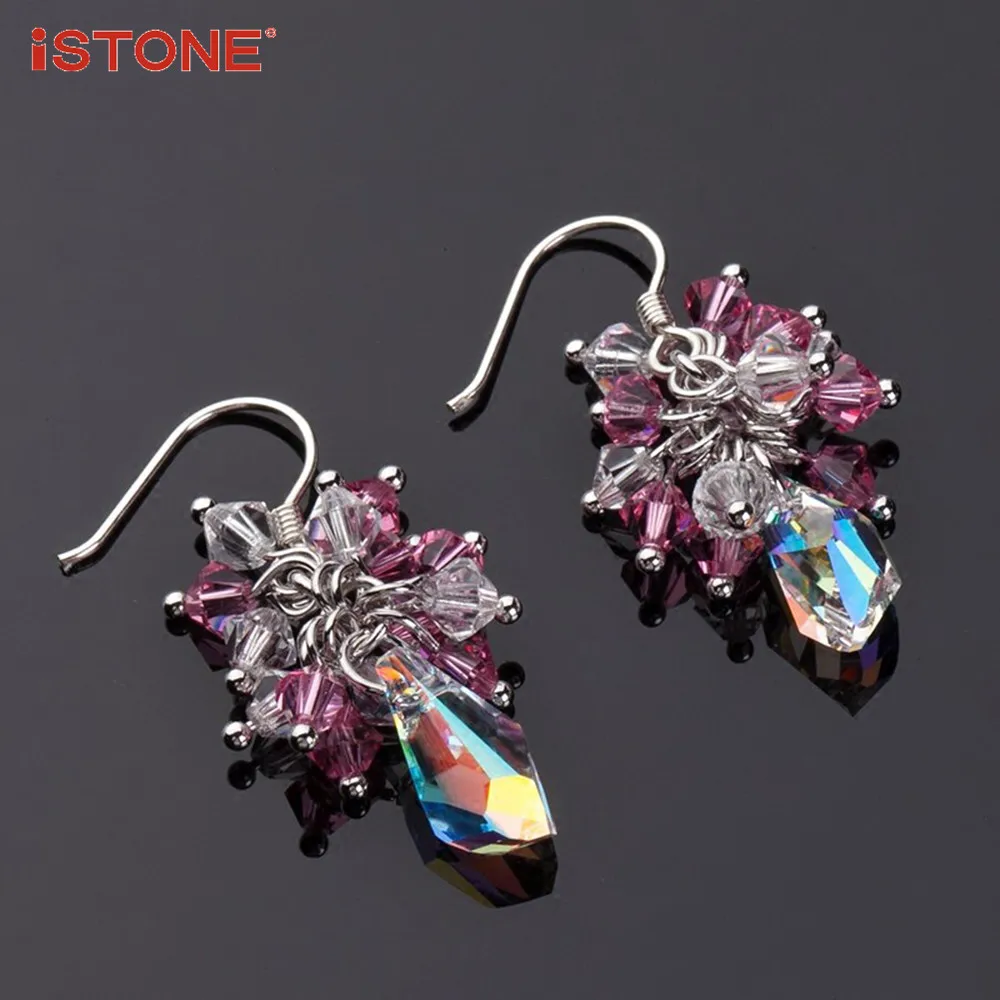 iSTONE 100% Natural Gemstone Pink Green Blue Crystal 925 Sterling Silver Flower Shape Drop Earrings Fine Jewelry Gift for Woman | Украшения