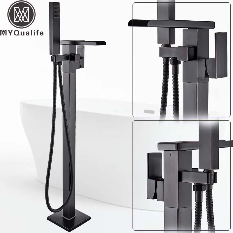 

Floor Mounted Waterfall Spout Tub Mixer Faucet Black Bronze Bathroom Bath Shower Set with Handshower Freestanding Bathtub Tap