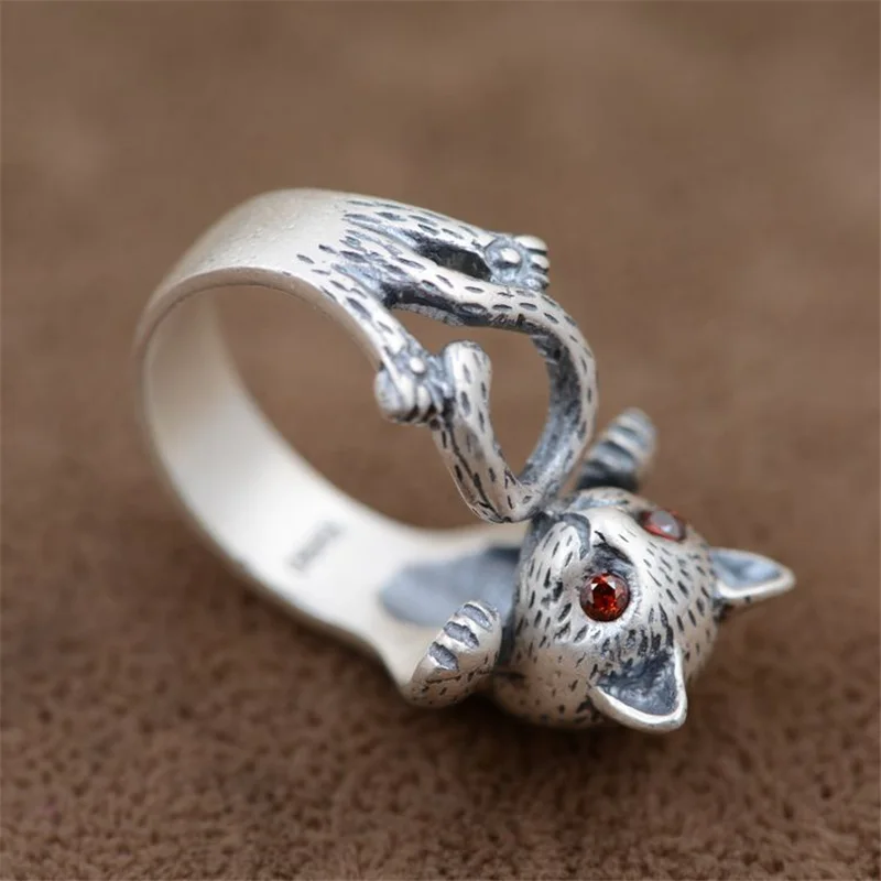 Женское Винтажное кольцо в виде кошки из настоящего серебра 100% пробы|silver cat