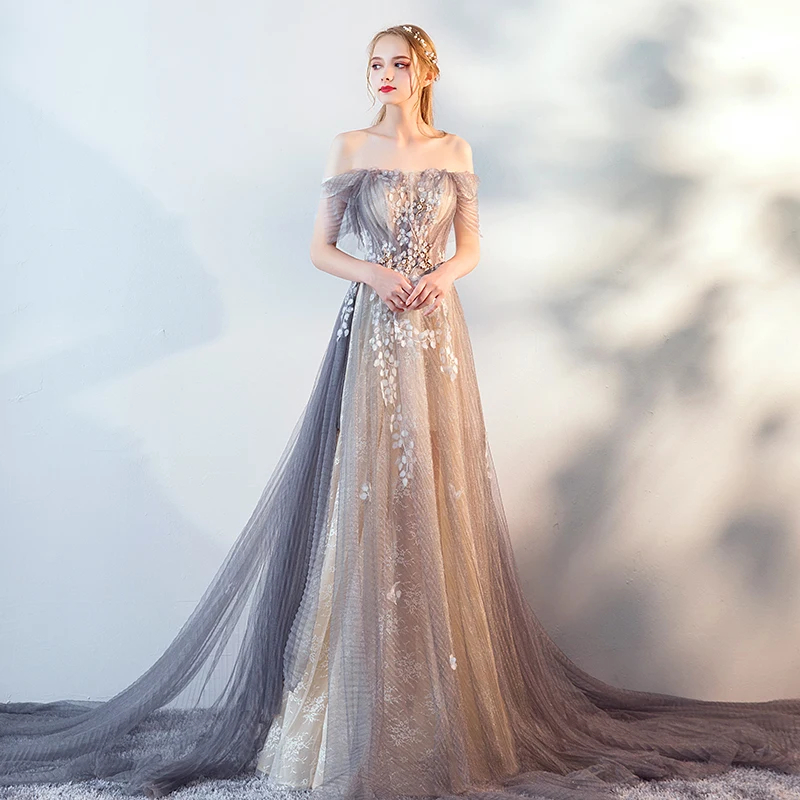 SSYFashion, новинка, сексуальное вечернее платье, роскошное, кружевное, расшитое бисером, с открытыми плечами, светильник, серый цвет, со шлейфом, вечерние платья для выпускного вечера, вечерние платья на заказ