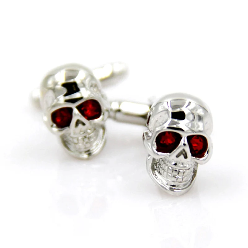 

Hot Sell Personality Red Zircon Sliver Color Ghost Skeleton Skull Head Cuff Links For Business Costume Party Gift Mens Cufflinks