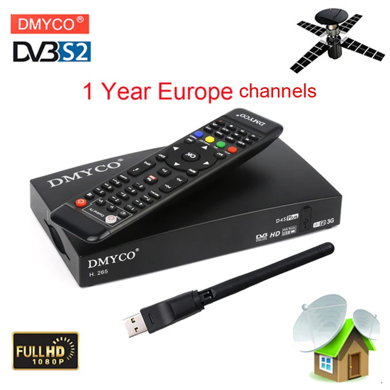 1 год Испания Europe 7 канал D4S плюс DVB S2 цифровой спутниковый приемник HD Lnb 1080 P Wi Fi H.265