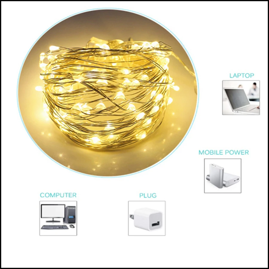 led fairy lights 10M 20M Silver Copper Wire USB String Light outdoor Christmas Tree Wedding Party Decoration Multicolor garland