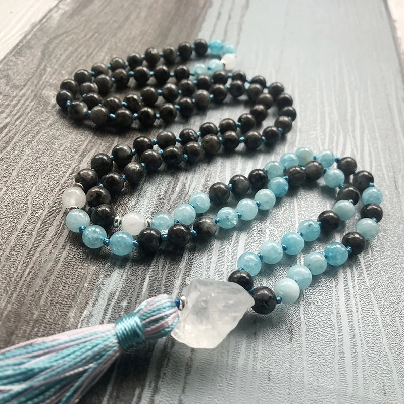 Бусины Из Лабрадорита мала 108 ожерелье из голубого камня Mala с узлом и кисточкой