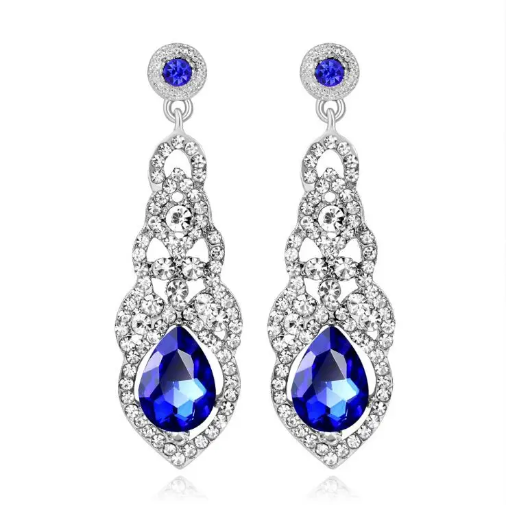 Silver Blue KMVEXO винтажные капли синий красный белый кристалл женские длинные висячие серьги люстра свадебные серьги ювелирные изделия Brincos - Окраска металла: Silver Blue