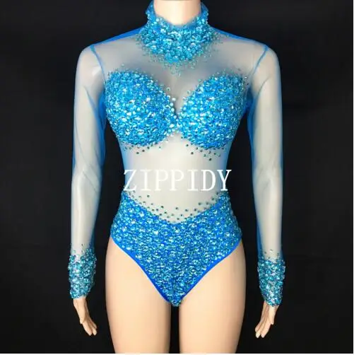 6 sexy  Colors Stones See Through Bodysuit long Sleeves Stretch Sexy Perspective Performance Celebrate luxurious Dance outfit