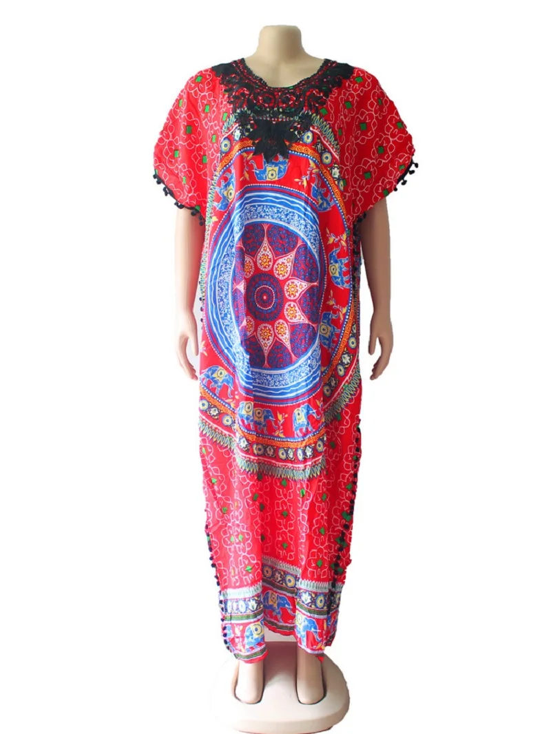 Красный Dashikiage черное кружевное с аппликацией Африканское женское свободное платье с шарфом - Цвет: Красный