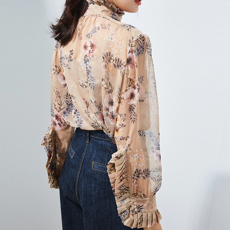 Women Floral Long Sleeve Chiffon Blouse Formal Female Stand Collar Top High Street OL Runway Summer Shirt |