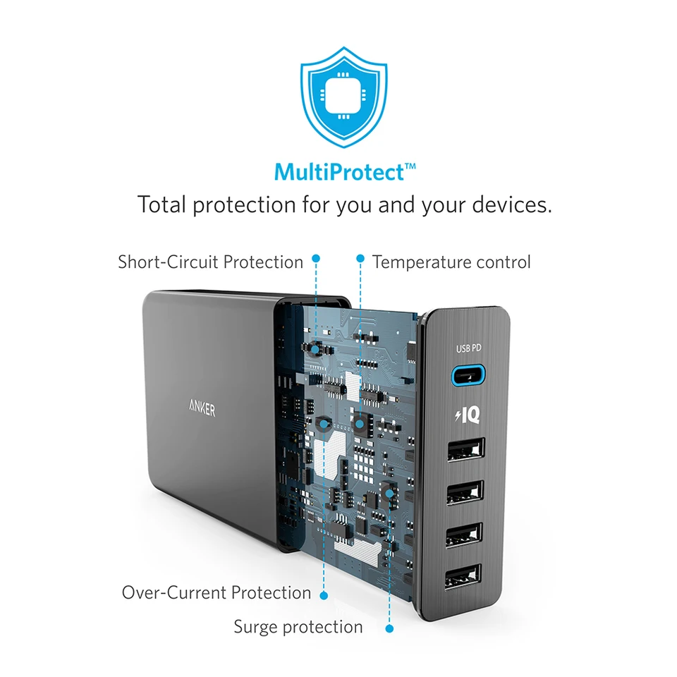 Anker usb type-C 5-port Total 60 Вт USB Wall charger порт питания + 5 с доставкой для Apple Macbook iphone 8 X |