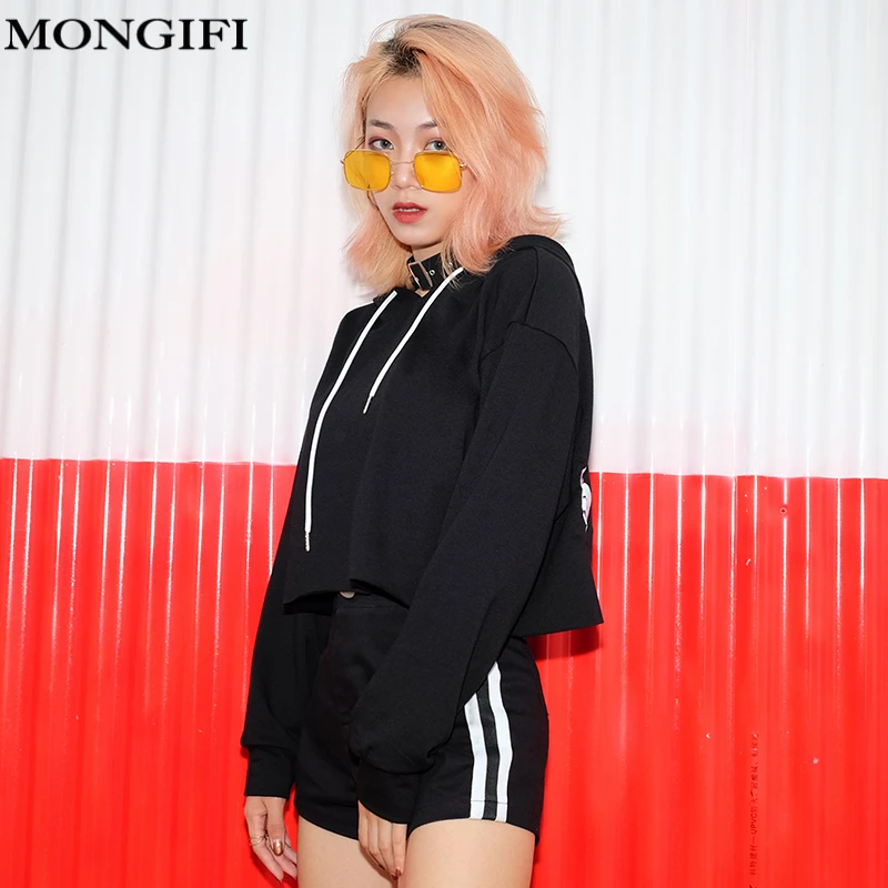 MONGIFI вышивки Письмо черный толстовки Для женщин одноцветное Повседневное