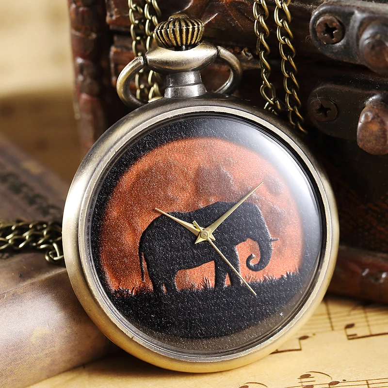 

Vintage Grassland Elephant Pattern Pocket Watch Men Women Necklace Chain Elegant Pendant Bronze Analog Quartz Male Clock Watches