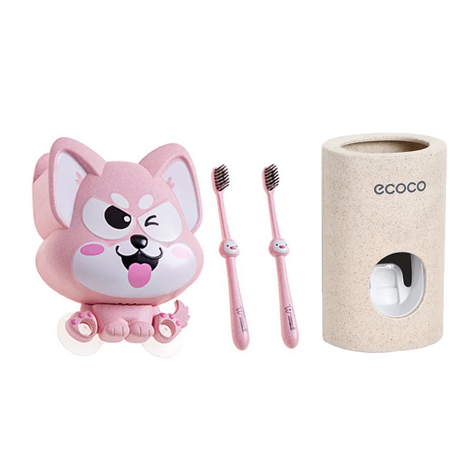 4 PCS Set Pink MSJO Набор держателей для детских зубных щеток, настенный контейнер для 2 шт. зубных щеток, милый пластиковый держатель для зубной пасты для ванной - Цвет: 4 PCS Set Pink