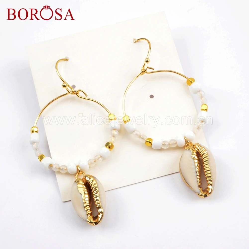 

BOROSA 5Pairs Pure Handmade Boho Chic Natural Cowrie Shell Round Circle Dangle Earrings Trim Shell Drop Earrings Jewelry HD0005