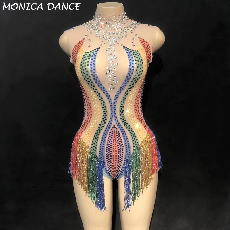 Women Tassel Mesh Colorful Rainbow Leotard Rhinestones Perspective Fringes Bodysuit Stage Outfit Wear Performance Dance Costumes