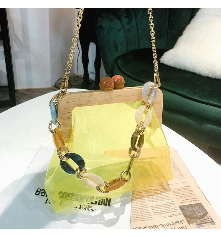 Wood Clip PVC Clear Jelly Handbag Woman New Designer Korean Acrylic Chain Transparent Jelly Shoulder Bag Clutch Female