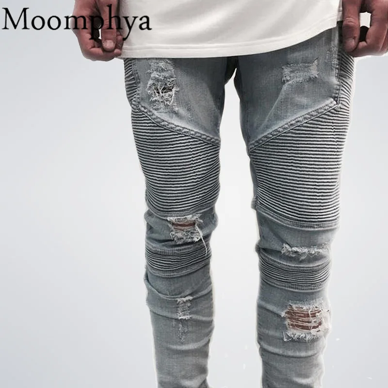Мужчины хип-хоп Denim огорчен рваные отверстия джинсы тощий тонкий байкерские |