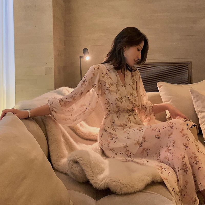 Новый Boho Цветочный принт длинное шифоновое платье летние женские пояса с