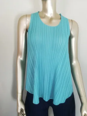

HOT SELLING Miyake fashion fold chiffon solid o-neck sleeveless T-shirt IN STOCK