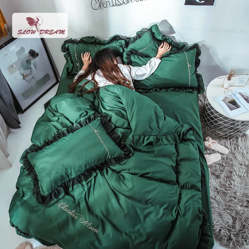 

SlowDream Green Fresh Luxury Bedding Set Bed Flat Sheet Bed Linen Cotton Bedspread Lace Decor Duvet Cover Bed Set Birthday Gift