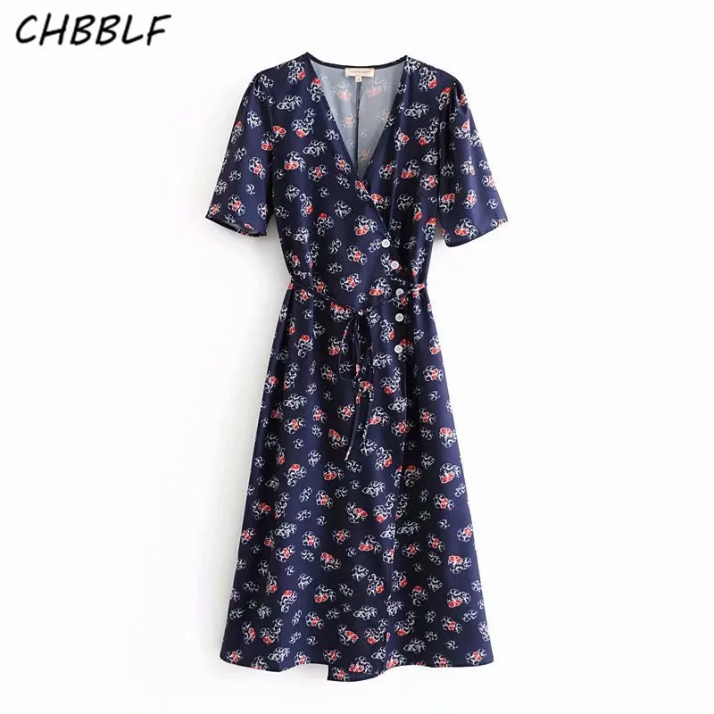 CHBBLF женщины Креста V шеи floral wrap dress С симпатичным бантом галстук с коротким