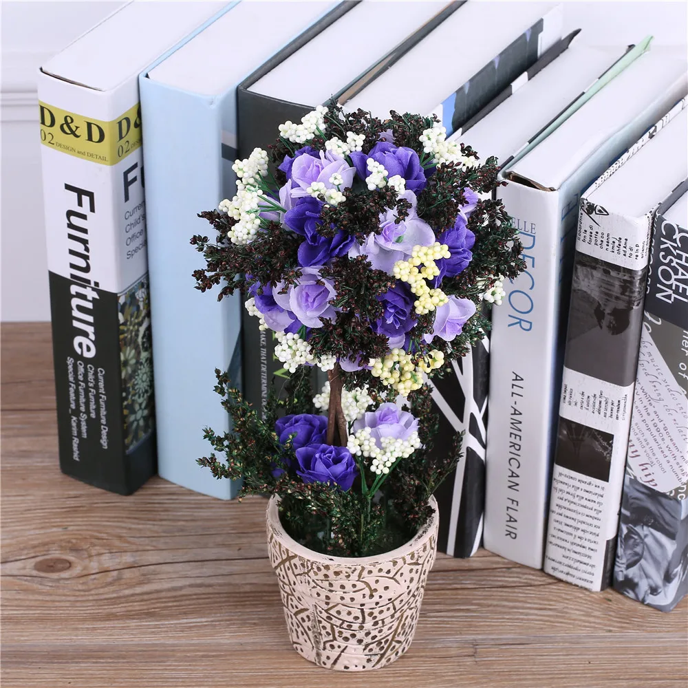 Искусственные Шелковые Розовые цветы бонсай + керамическая ваза поддельные