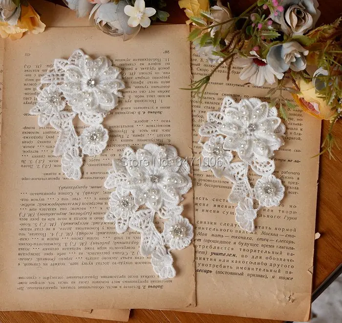 5 pieces/ Embroidery lace flower Appliqued Crystal Jacquard DIY Ribbon Wedding dress Sewing Rhinestones Trims pearl 3D Patches | Дом и сад