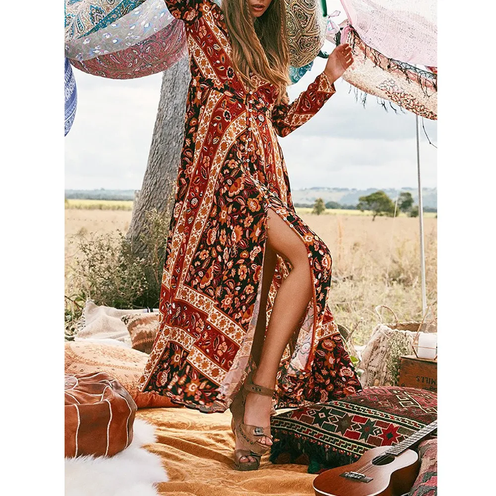 Винтажное платье макси с золотым принтом женское элегантное свободное Бохо С